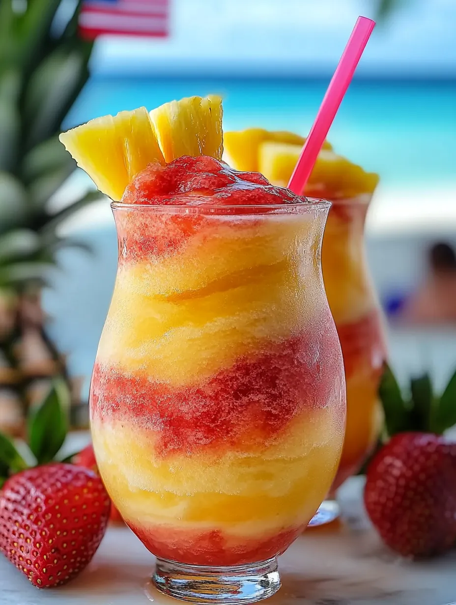 Glass filled with pineapple juice topped with a strawberry.