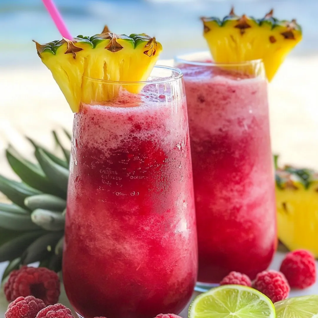 Two glasses showing pink sparkling drinks with pineapple tops.