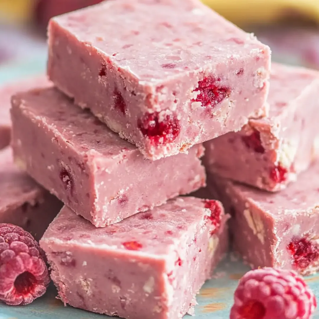 Several pink-red fudge squares stacked with berries sitting on top.