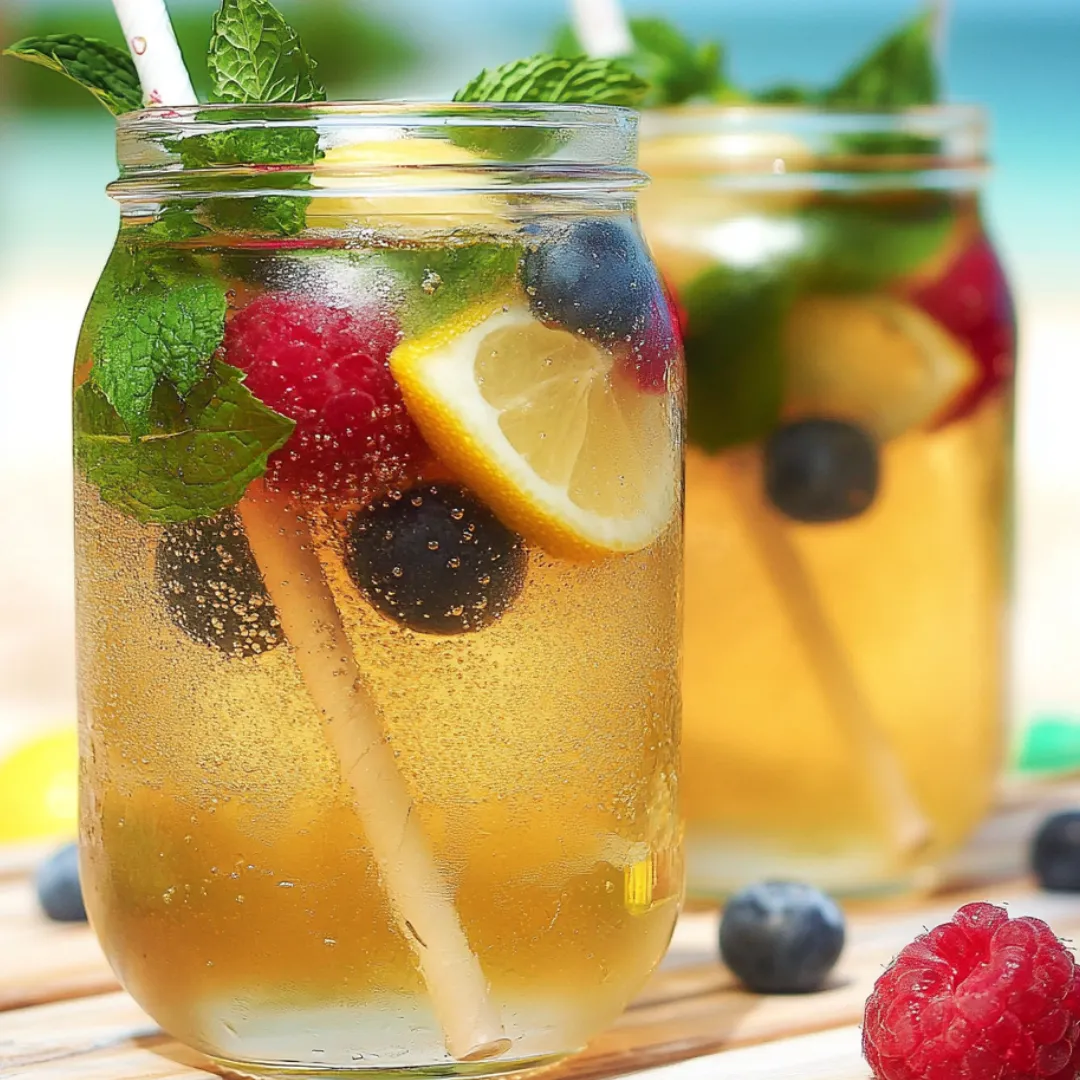Glasses filled with lemony drinks, topped with berries and blueberries.