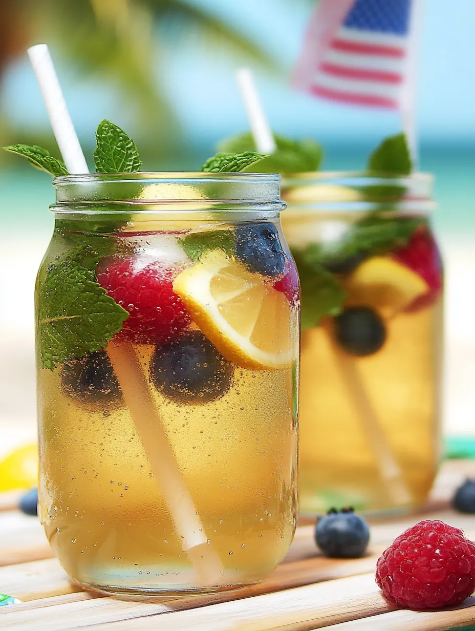 Two drinks with raspberries and blueberries on display.