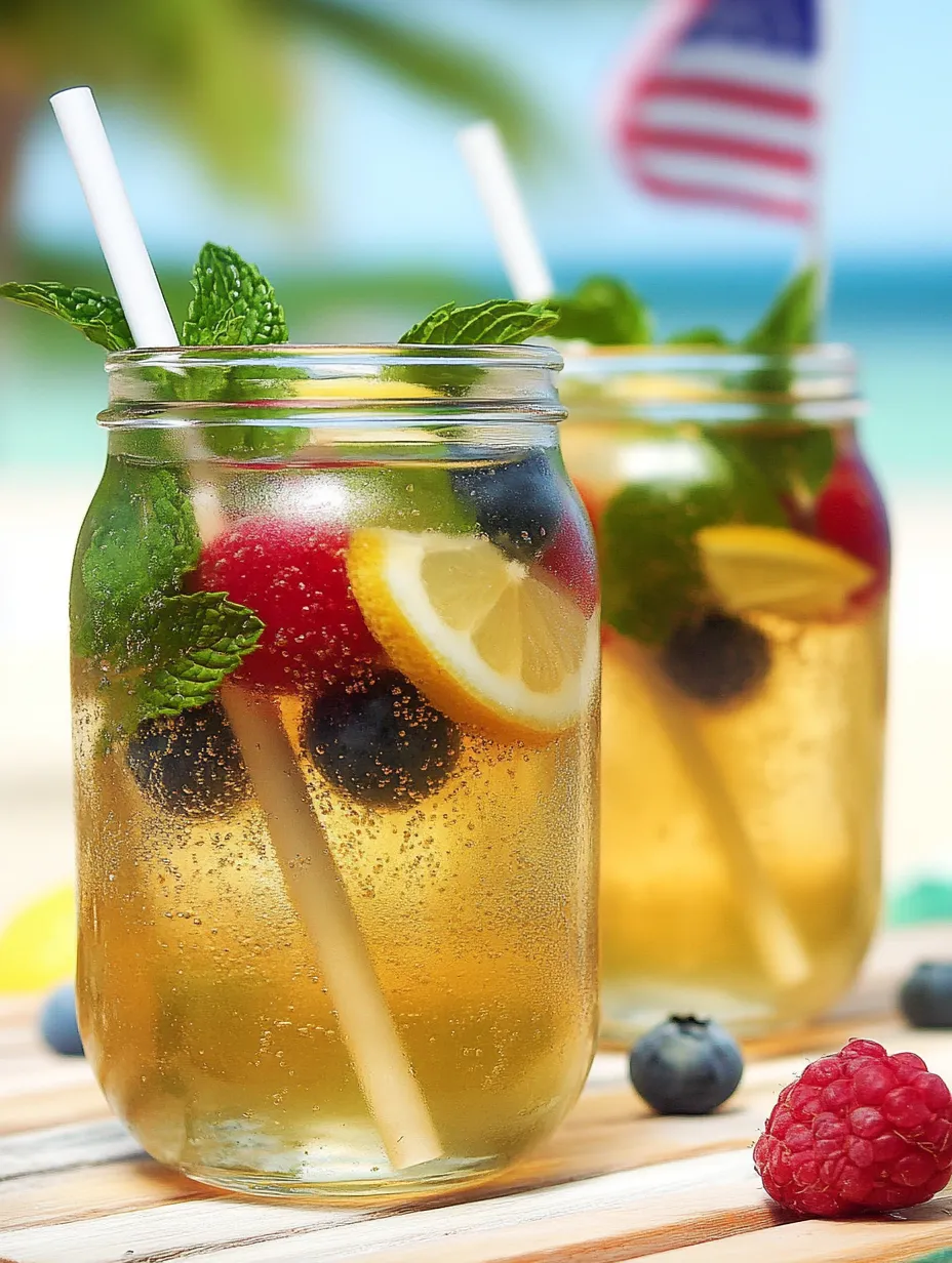 Two drinks with raspberries and blueberries on display.
