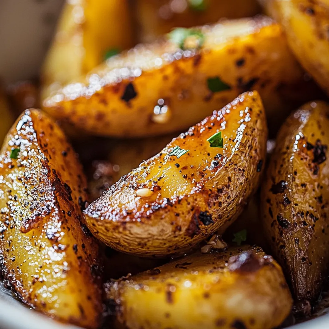 A bowl full of spud wedges sprinkled with herbs.