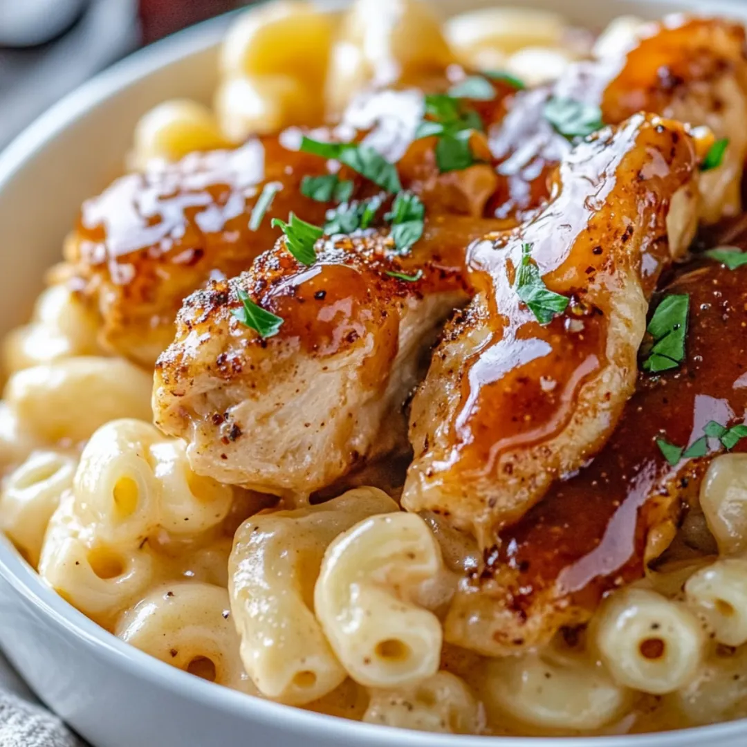 Mac and cheese in a bowl with golden chicken strips on top.
