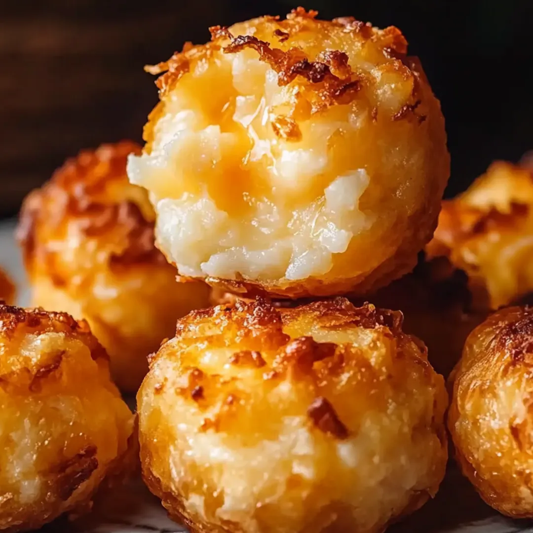 Close-up of cheesy, golden brown potato bites on a white plate.