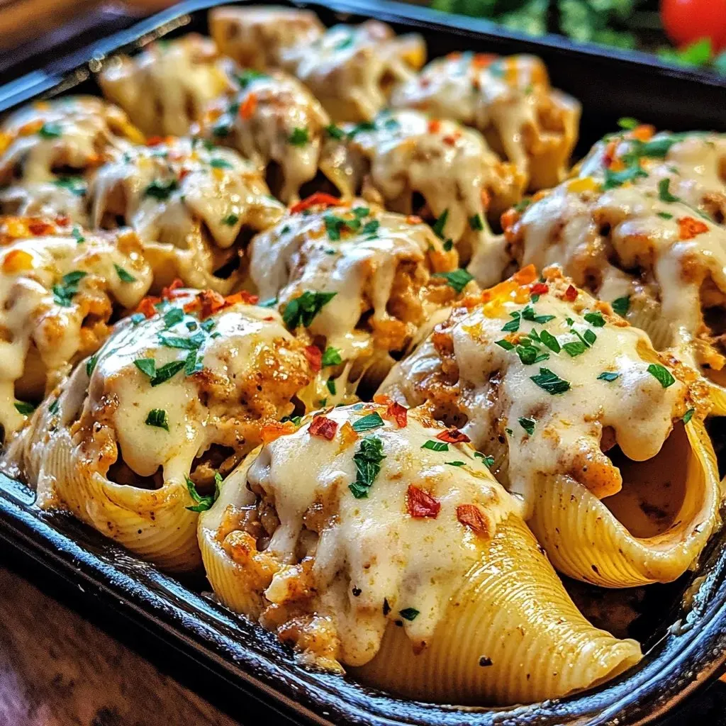 A tray stuffed with cheesy pasta shells and tomatoes on top.