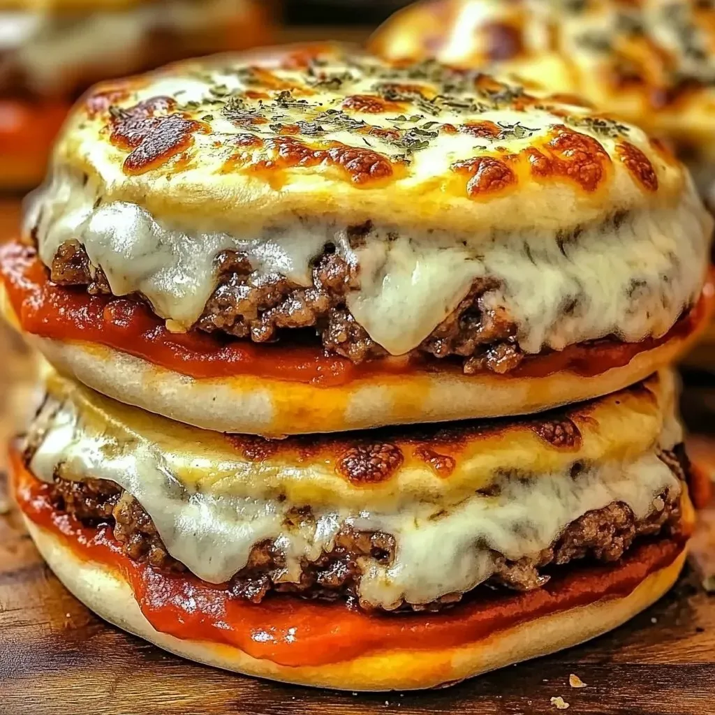 Three cheesy pizza sandwiches stacked together.