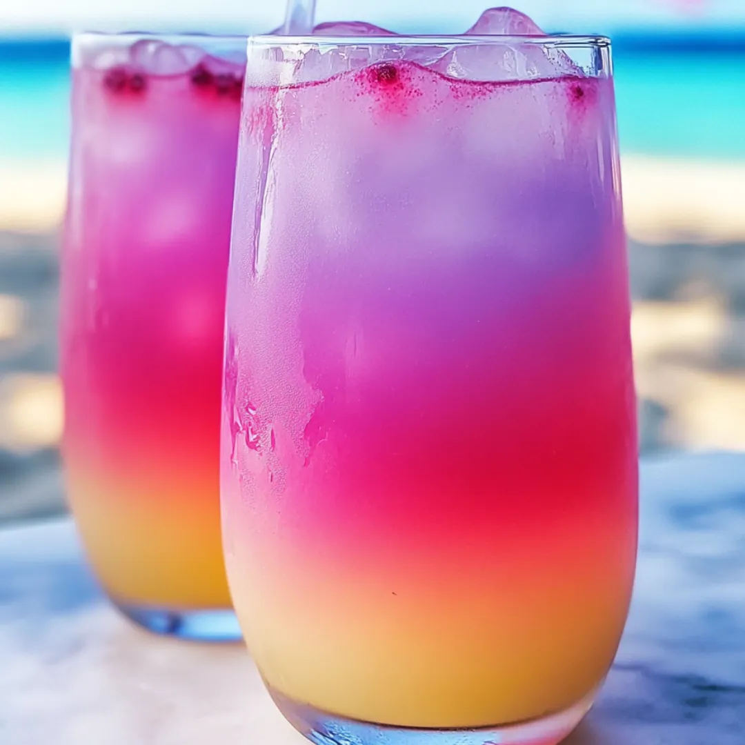 Two glasses filled with drinks in yellow and pink shades.