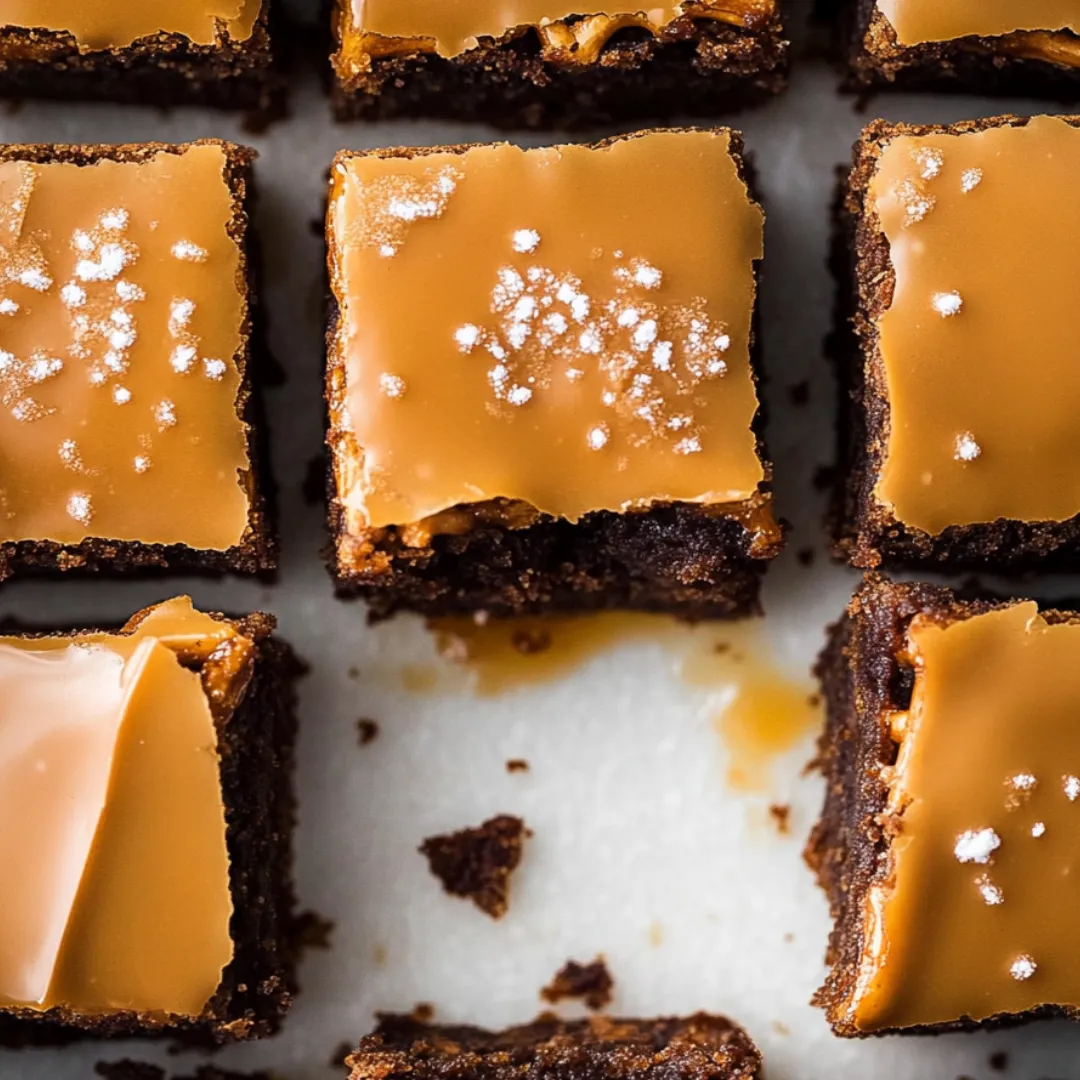 Brownie square covered in caramel drizzle and flaky sea salt.