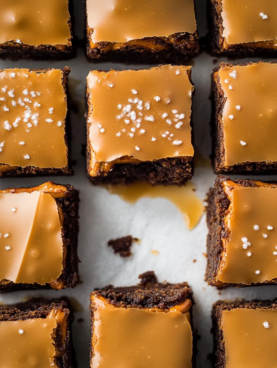Close look at a brownie with caramel on top.
