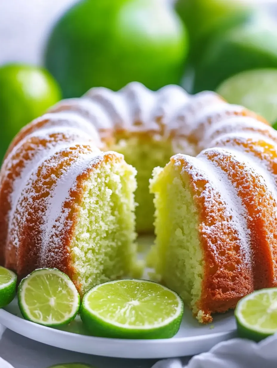 Slice of cake with fresh limes on the plate.