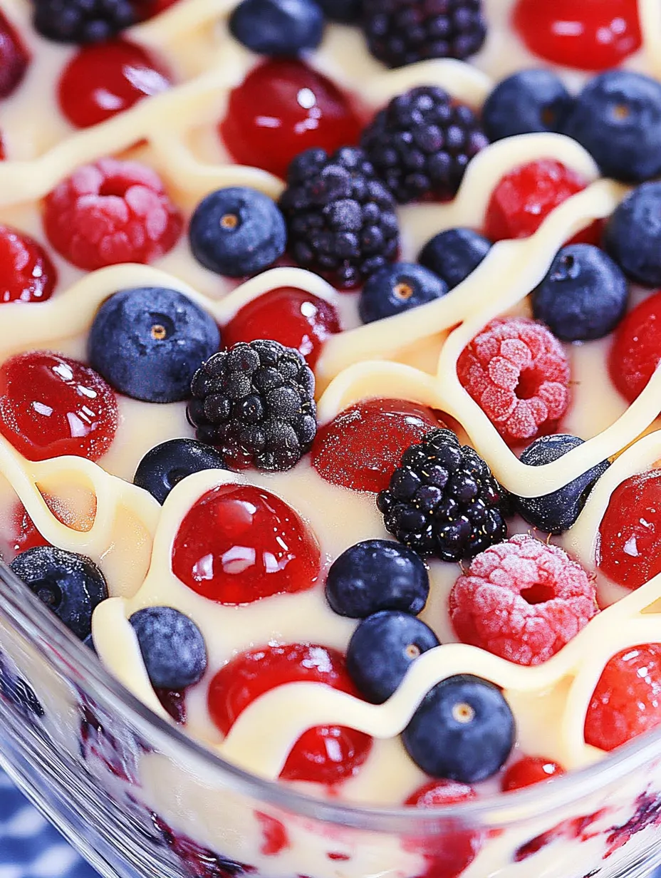 Mixed berries and cream in a serving bowl, ready to eat.
