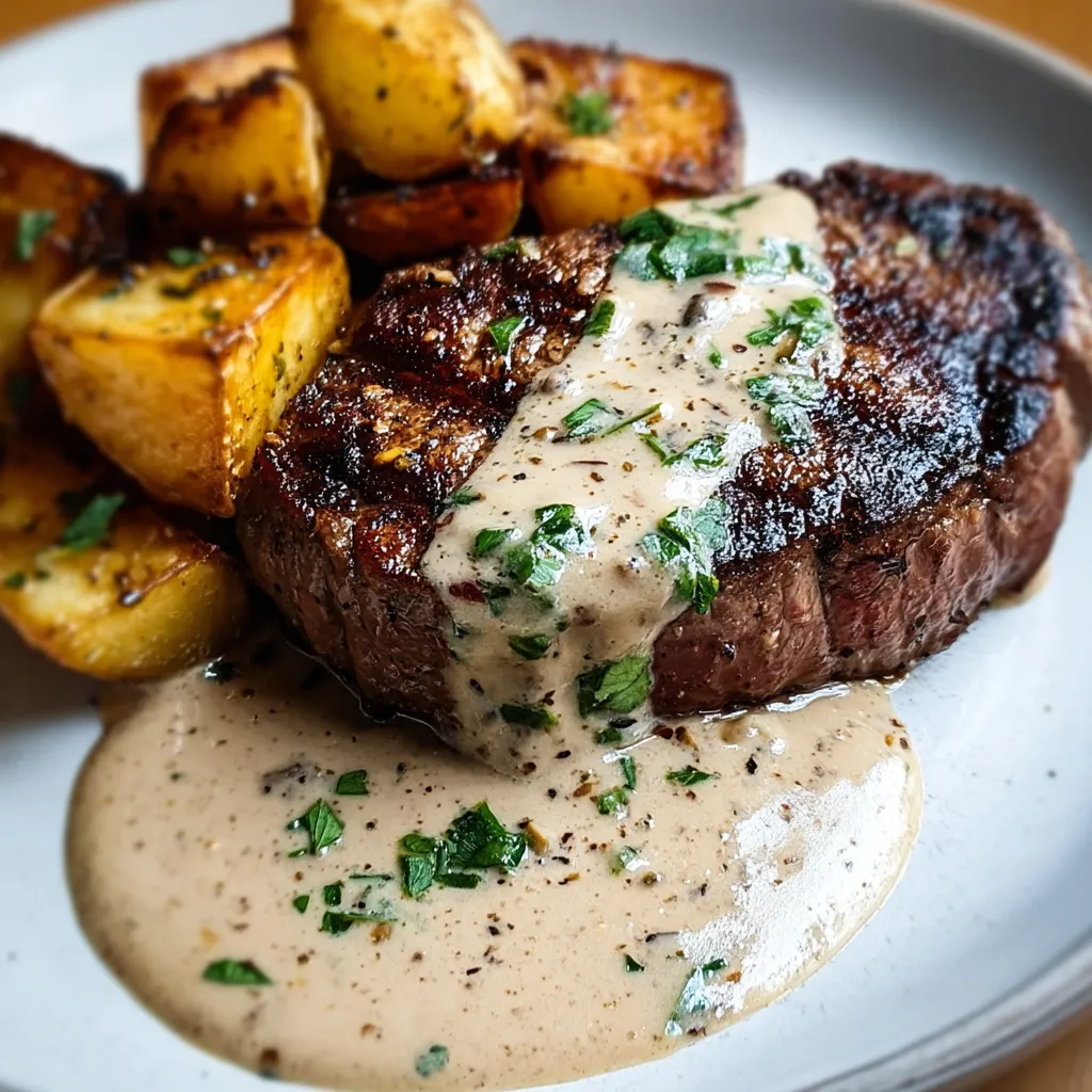Meaty steak smothered with creamy sauce and potatoes on the side.