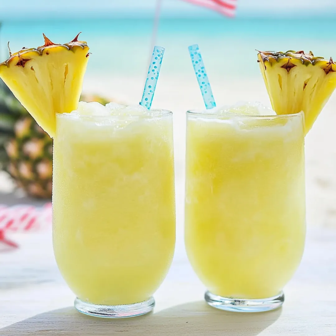 Two glasses filled with pineapple lemonade sitting on a table.