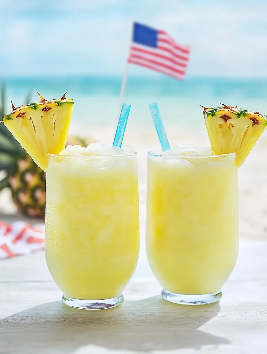 Two glasses of pineapple punch with blue straws.