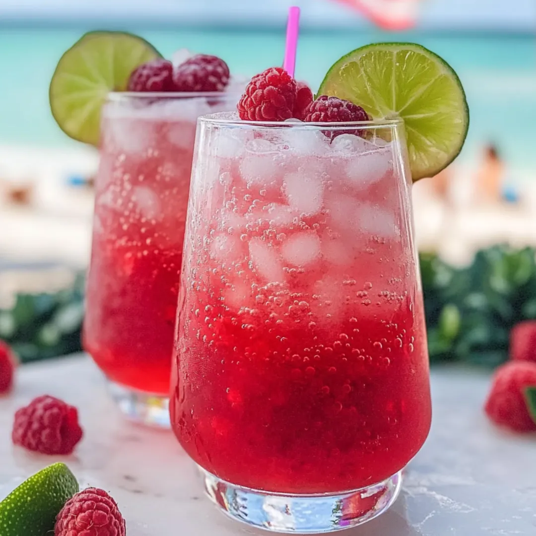 Two tall glasses filled with red fizzy drink and striped straws.