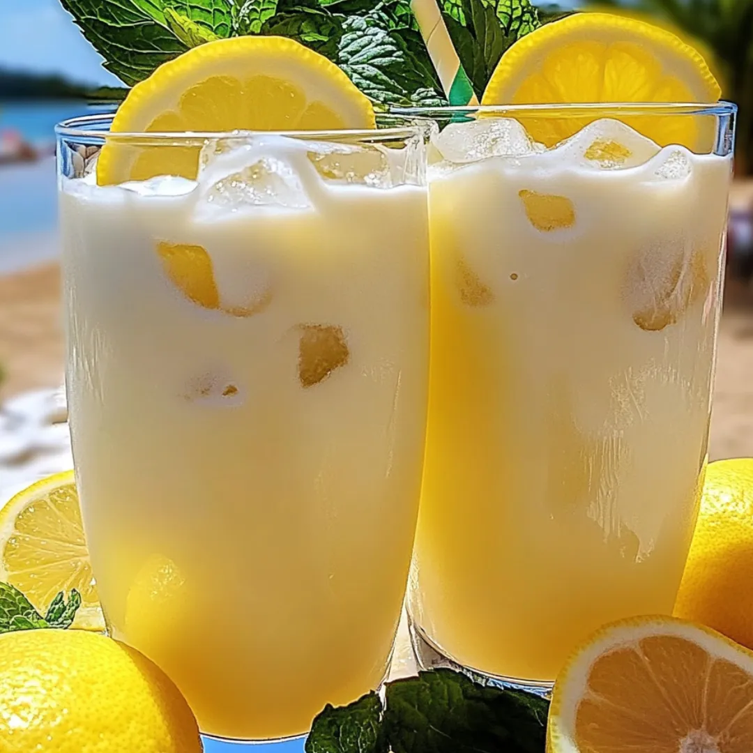 Two glasses of lemonade with lemon slices inside.