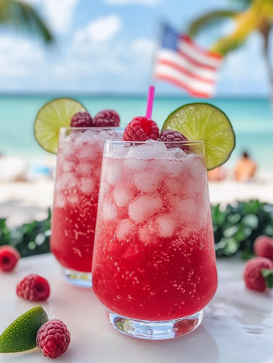 Two glasses filled with a bright red bubbly drink and fresh raspberries.