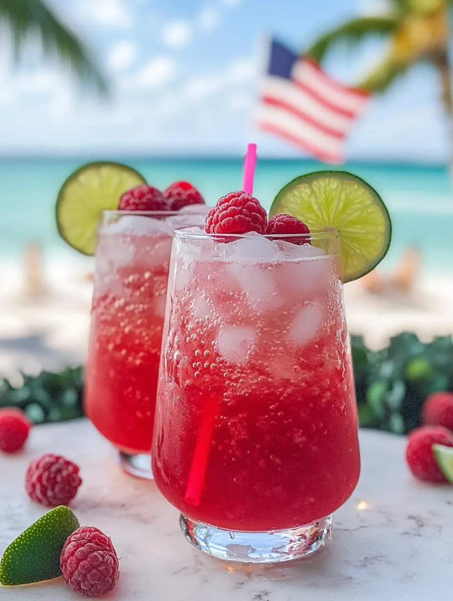 Red fizzy drinks in tall glasses with straws and fresh raspberries on top.