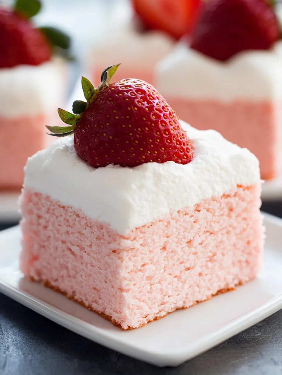 A fluffy pink slice topped with strawberry.