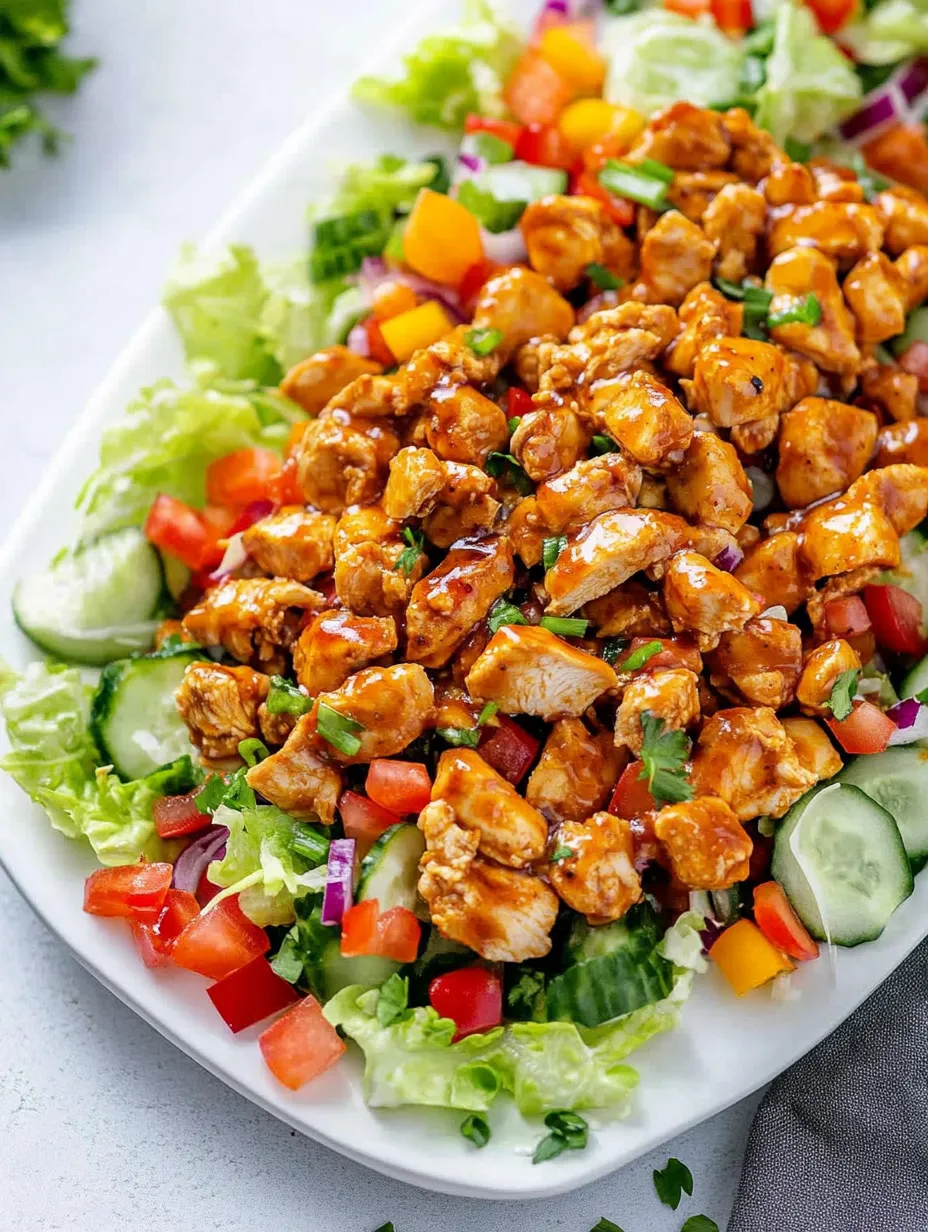 A dish loaded with chicken, lettuce, peppers, and tomatoes.