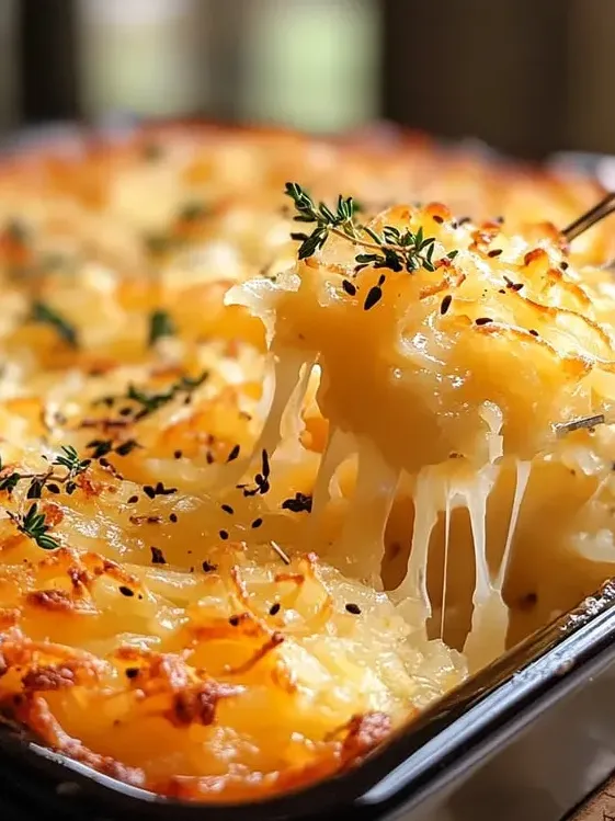 Pan filled with cheesy hashbrowns and crunchy topping.