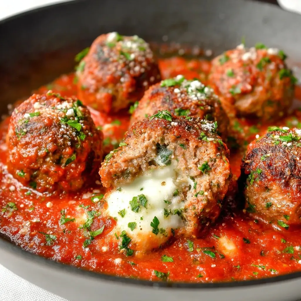 Bowl of saucy meatballs with herbs.