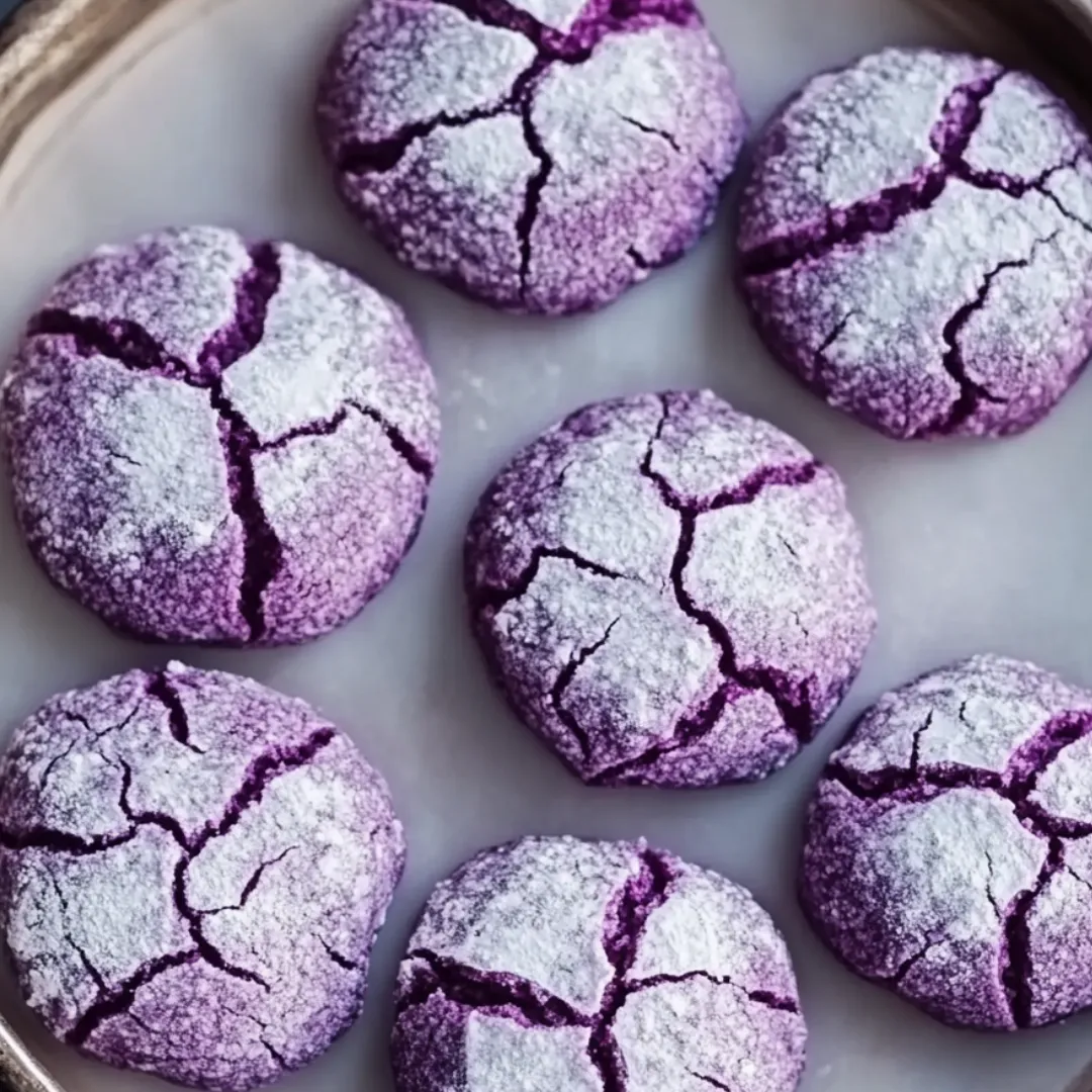 Bright purple cookies covered in a sweet white dusting.