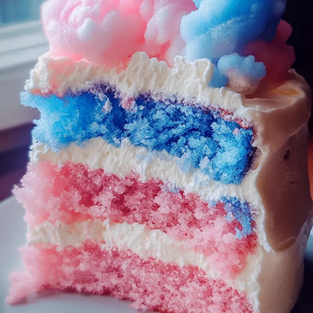 Cake slice showing white, pink, and blue frosting layers.