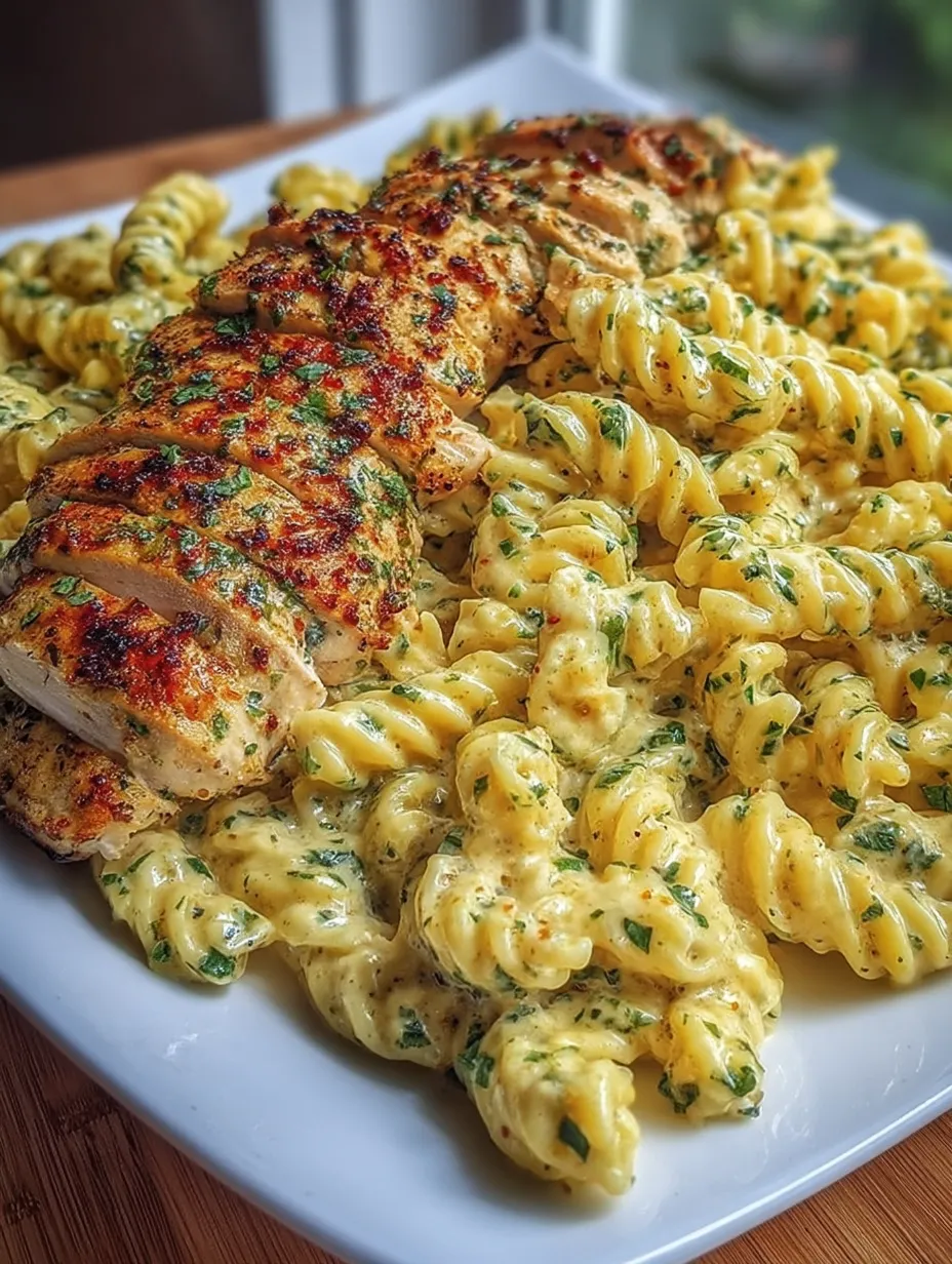 A plate stacked with chicken, green broccoli, and twisty noodles.