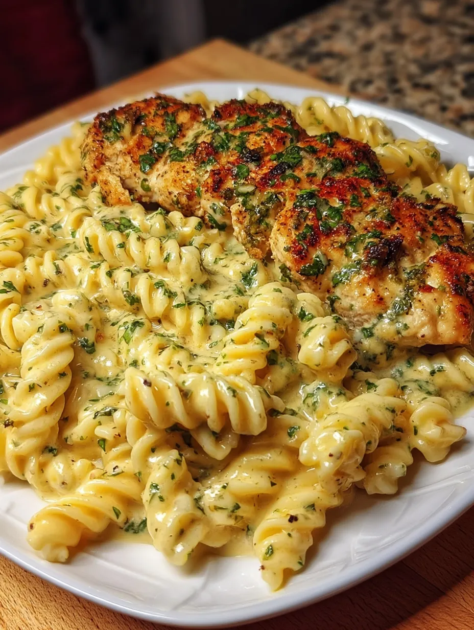 Chicken pasta with green broccoli on a white plate.