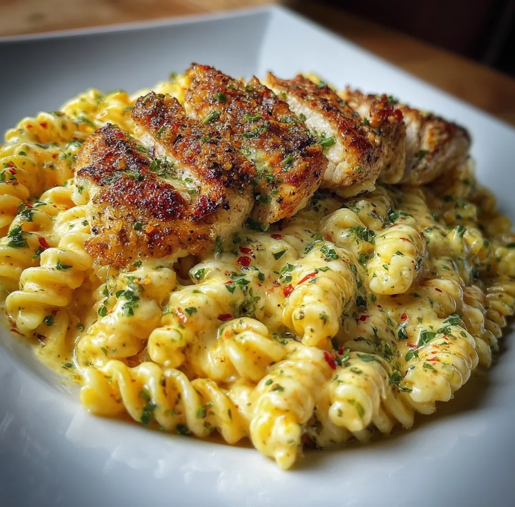 A plate piled with pasta and juicy chicken strips.
