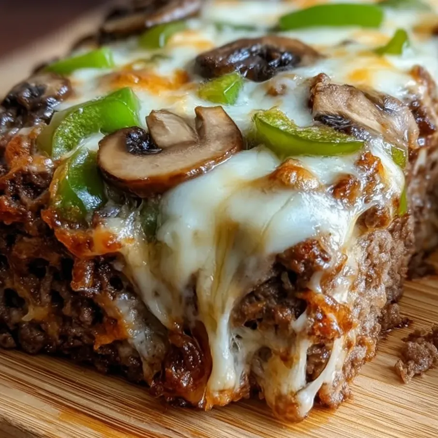 A thick slice of beefy loaf topped with peppers and mushrooms.