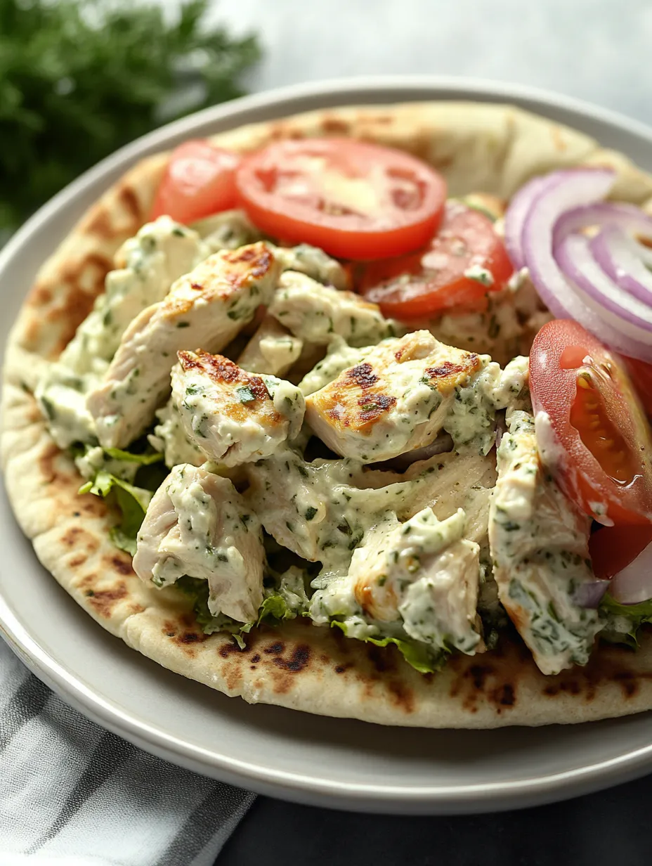 Plate piled with chicken, tomatoes, onions, and lettuce.