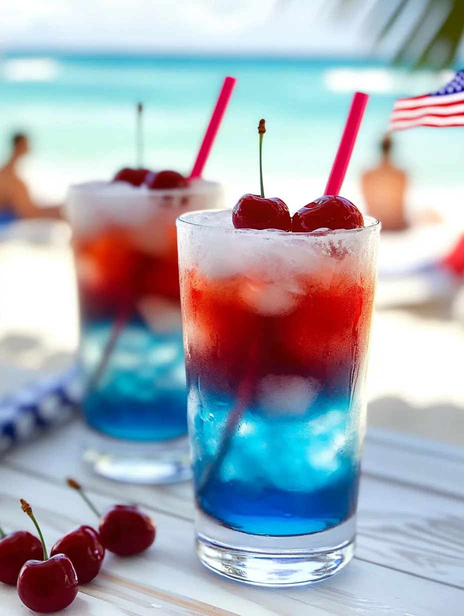 Two tall glasses filled with colorful drinks and striped straws.