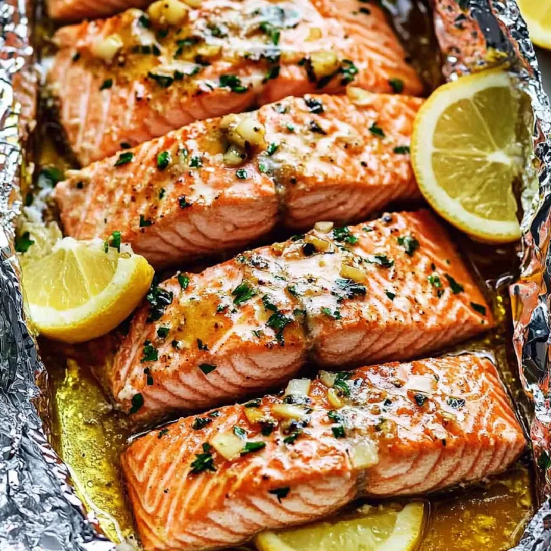 Salmon in foil topped with lemon slices.