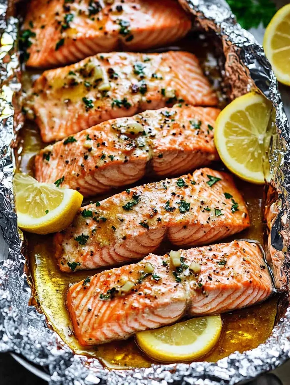 Baked salmon in a pan, topped with lemon slices.