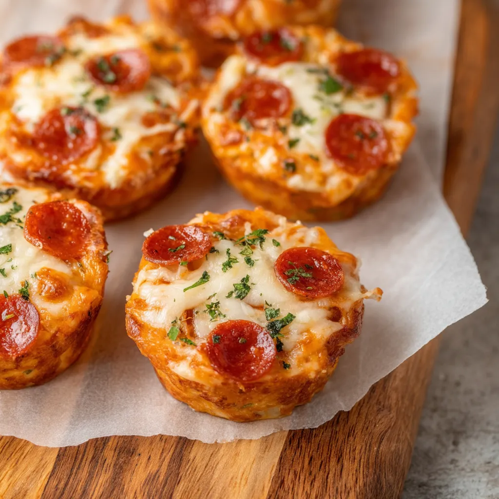 A wood board topped with bite-sized cheesy pepperoni pizzas.
