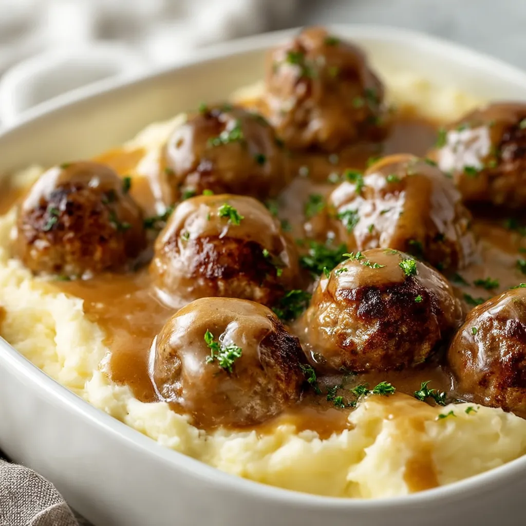 A big bowl loaded with meatballs and gravy smiles at you.
