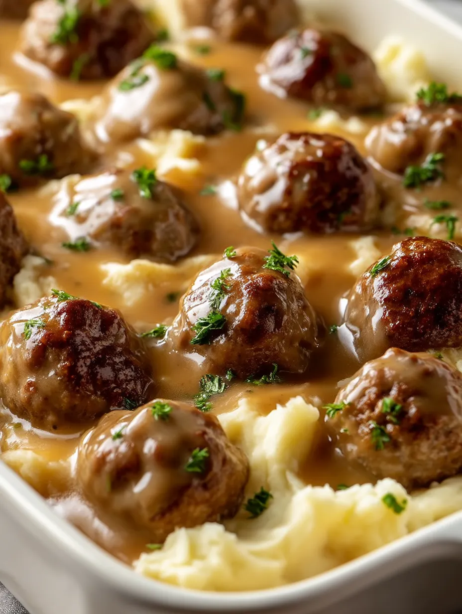 A plate piled with mashed potatoes and meatballs.