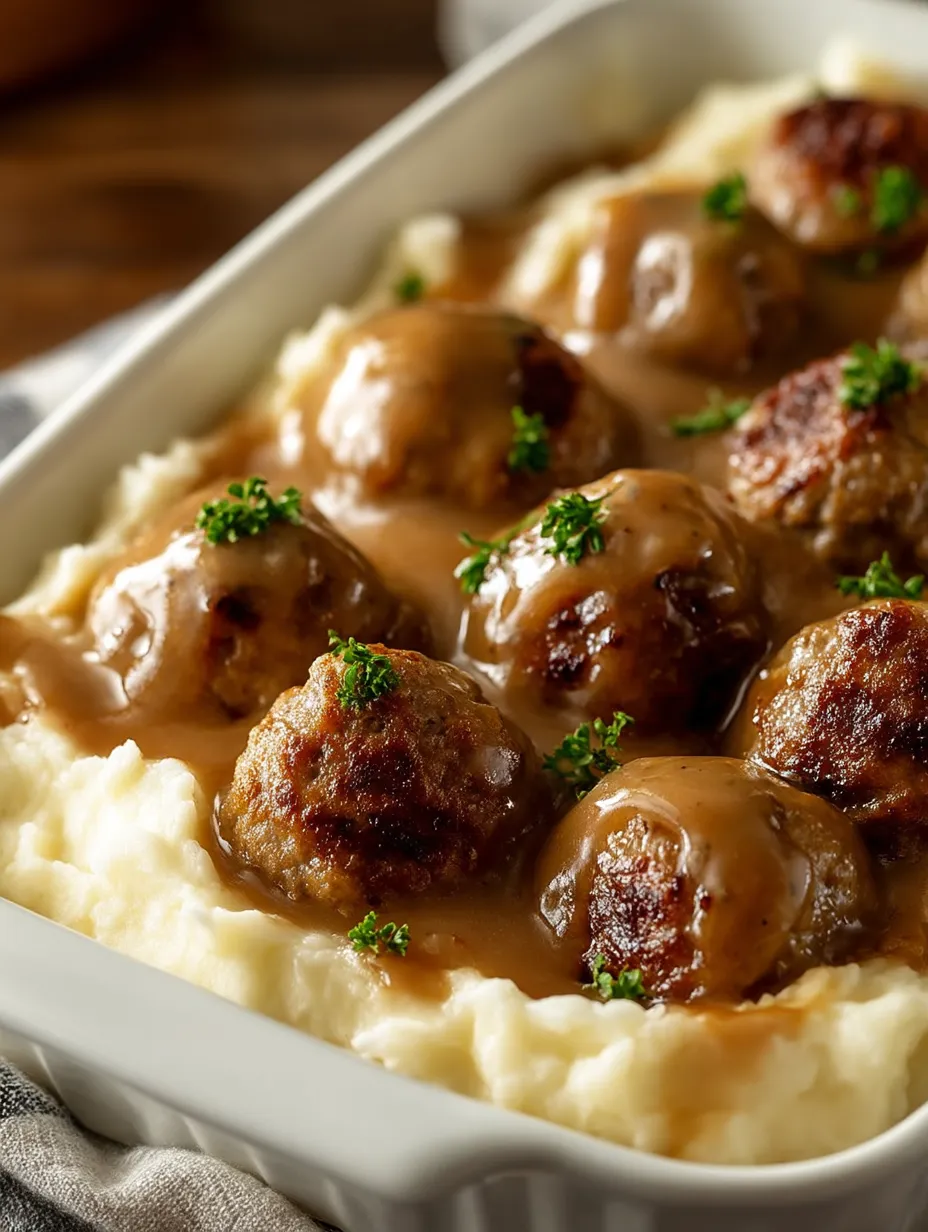 Dinner plate showing saucy meatballs and soft potatoes.