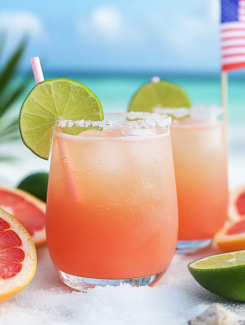 Two glasses holding pink drinks with slices of lime.