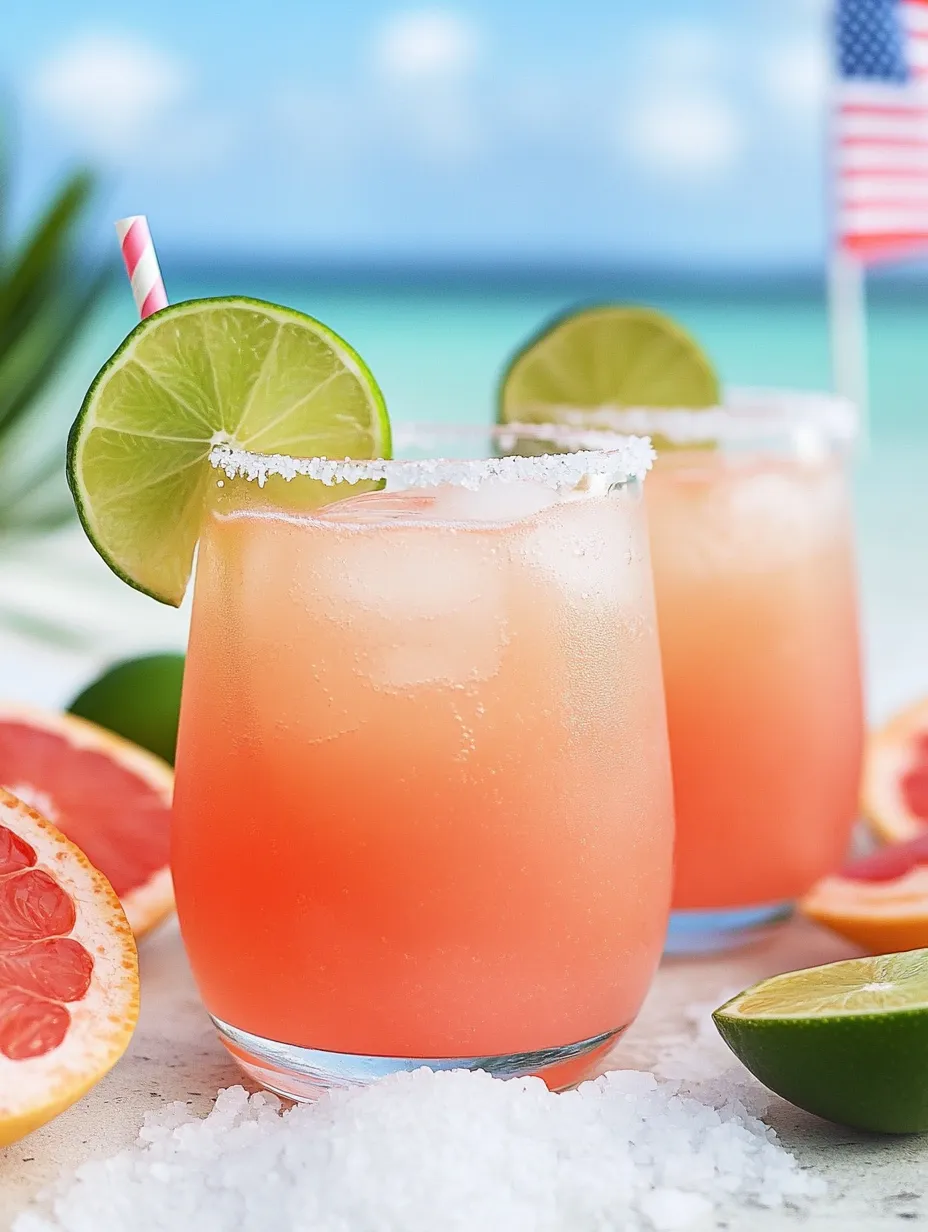 Two glasses filled with pink mocktails, lime, and grapefruit.