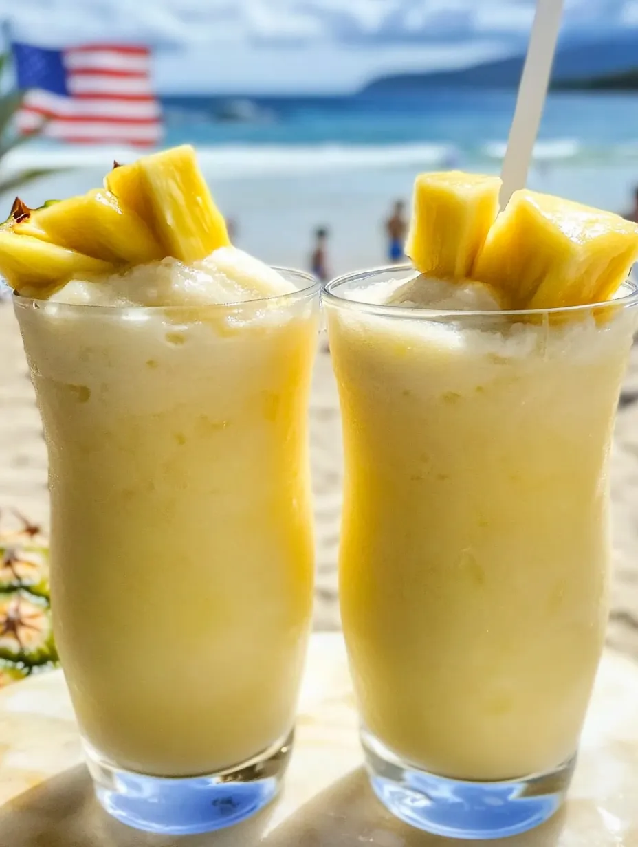 Two glasses filled with pineapple drink resting on a table.