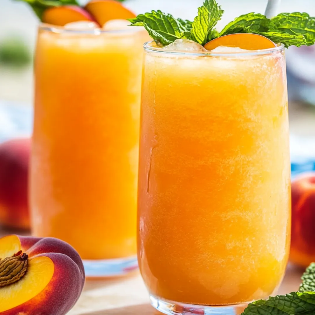 A pair of peachy drinks topped with green mint leaves.