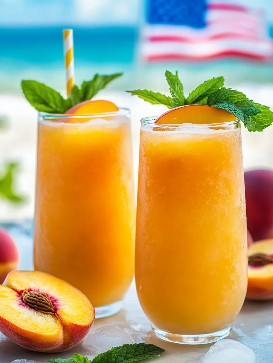 Two glasses of peach juice with peaches nearby.