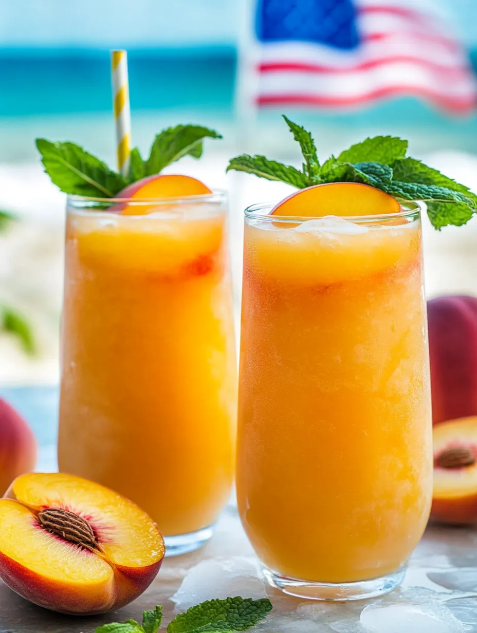 Two glasses of peach juice with a peach in the back.