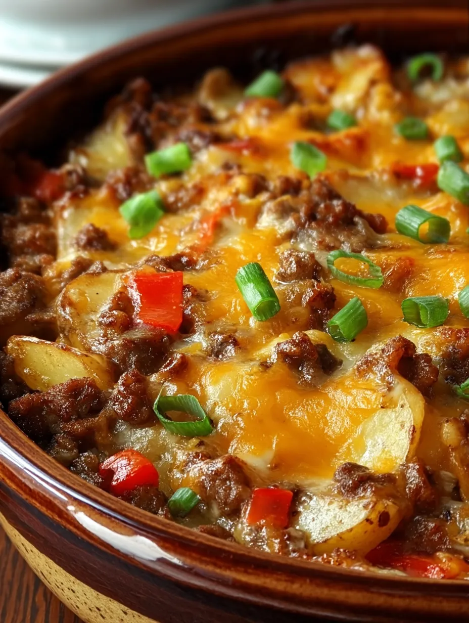 A bowl with potatoes, beef, and colorful veggies mixed in.