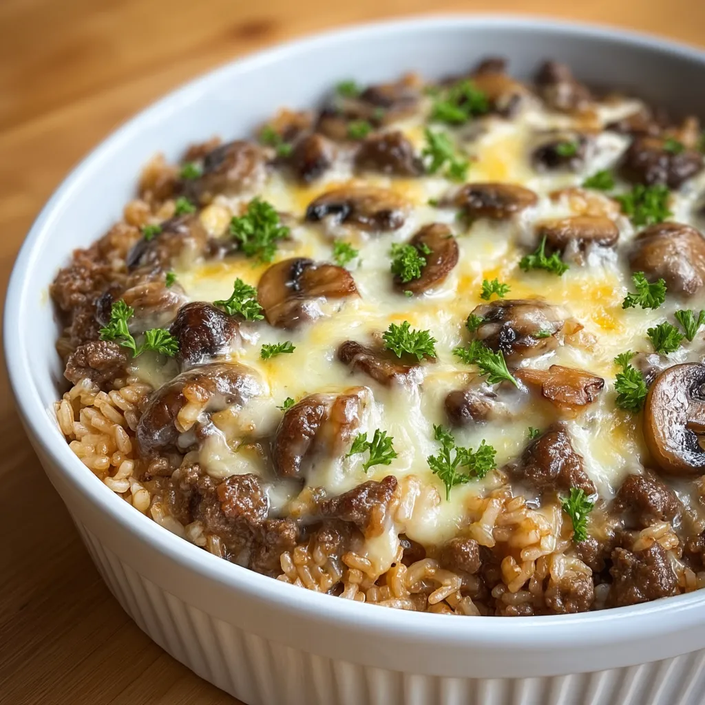 Rice, mushrooms, and gooey cheese in a bowl.