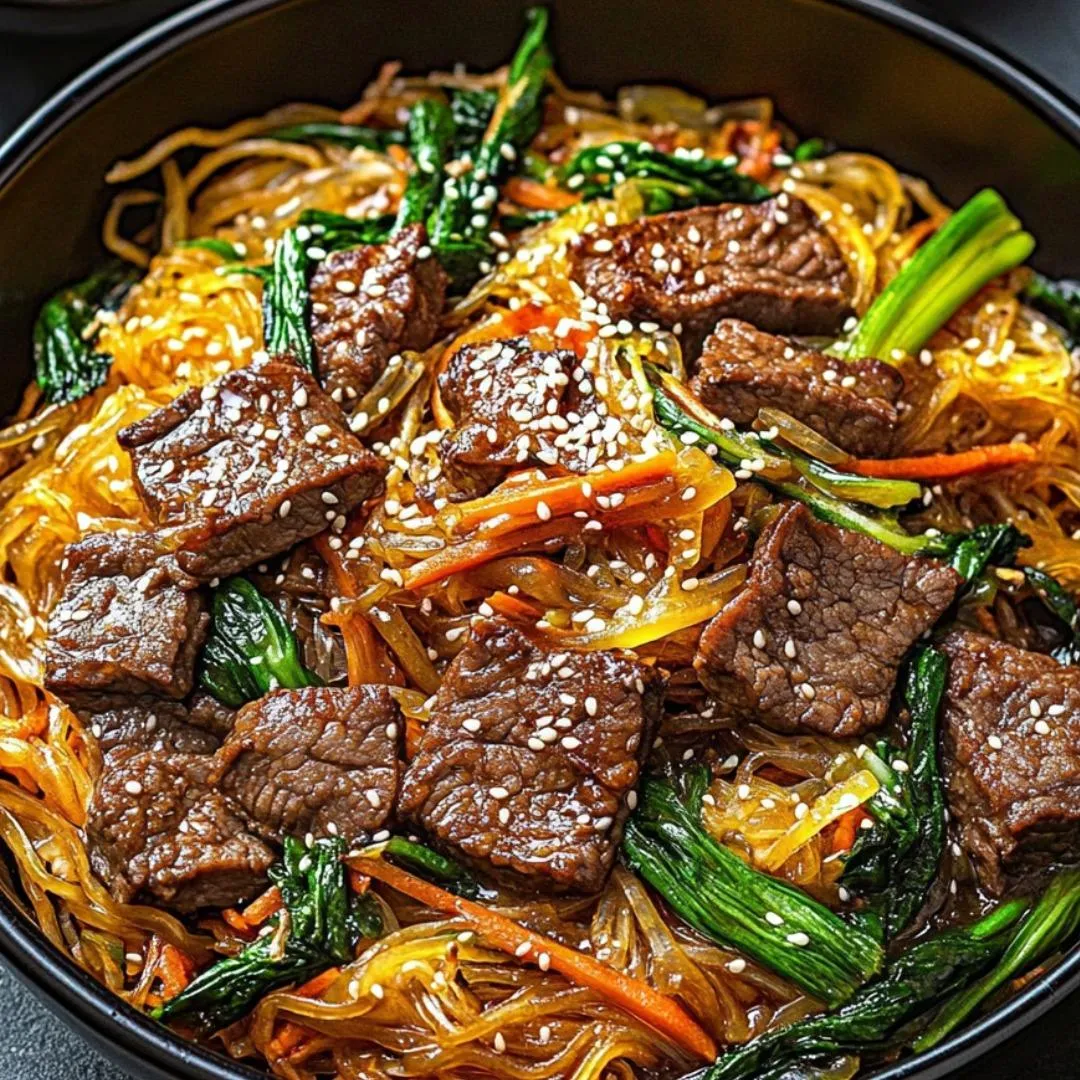 Noodles with vegetables and beef in a bowl.